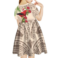 Christmas Hawaii with I'iwi Bird Kid Short Sleeve Dress Aloha Mele Kalikimaka - Beige Art LT9 - Polynesian Pride