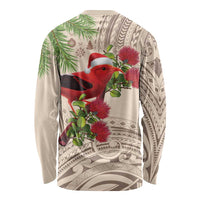 Christmas Hawaii with I'iwi Bird Long Sleeve Shirt Aloha Mele Kalikimaka - Beige Art LT9 - Polynesian Pride