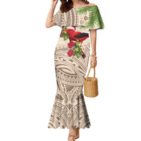 Christmas Hawaii with I'iwi Bird Mermaid Dress Aloha Mele Kalikimaka - Beige Art LT9 Women Beige - Polynesian Pride