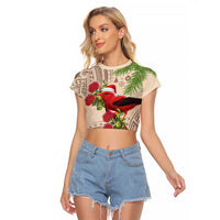 Christmas Hawaii with I'iwi Bird Raglan Cropped T Shirt Aloha Mele Kalikimaka - Beige Art LT9 Female Beige - Polynesian Pride