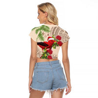 Christmas Hawaii with I'iwi Bird Raglan Cropped T Shirt Aloha Mele Kalikimaka - Beige Art LT9 - Polynesian Pride