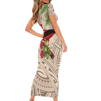 Christmas Hawaii with I'iwi Bird Short Sleeve Bodycon Dress Aloha Mele Kalikimaka - Beige Art LT9 - Polynesian Pride