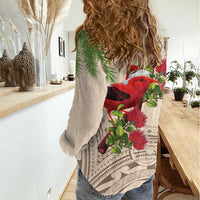 Christmas Hawaii with I'iwi Bird Women Casual Shirt Aloha Mele Kalikimaka - Beige Art LT9 - Polynesian Pride