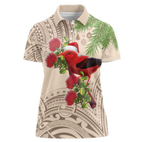 Christmas Hawaii with I'iwi Bird Women Polo Shirt Aloha Mele Kalikimaka - Beige Art LT9 Female Beige - Polynesian Pride