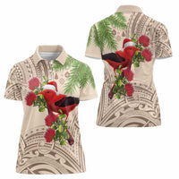 Christmas Hawaii with I'iwi Bird Women Polo Shirt Aloha Mele Kalikimaka - Beige Art LT9 - Polynesian Pride