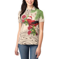 Christmas Hawaii with I'iwi Bird Women Polo Shirt Aloha Mele Kalikimaka - Beige Art LT9 - Polynesian Pride