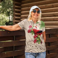 Christmas Hawaii with I'iwi Bird Women Polo Shirt Aloha Mele Kalikimaka - Beige Art LT9 - Polynesian Pride