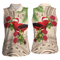 Christmas Hawaii with I'iwi Bird Women Sleeveless Polo Shirt Aloha Mele Kalikimaka - Beige Art LT9 - Polynesian Pride