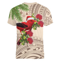 Christmas Hawaii with I'iwi Bird Women V-Neck T-Shirt Aloha Mele Kalikimaka - Beige Art LT9 - Polynesian Pride