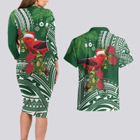 Christmas Hawaii with I'iwi Bird Couples Matching Long Sleeve Bodycon Dress and Hawaiian Shirt Aloha Mele Kalikimaka - Green Art LT9 - Polynesian Pride