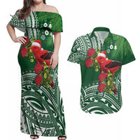 Christmas Hawaii with I'iwi Bird Couples Matching Off Shoulder Maxi Dress and Hawaiian Shirt Aloha Mele Kalikimaka - Green Art LT9 Green - Polynesian Pride
