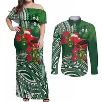 Christmas Hawaii with I'iwi Bird Couples Matching Off Shoulder Maxi Dress and Long Sleeve Button Shirt Aloha Mele Kalikimaka - Green Art LT9 Green - Polynesian Pride