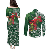 Christmas Hawaii with I'iwi Bird Couples Matching Puletasi and Long Sleeve Button Shirt Aloha Mele Kalikimaka - Green Art LT9 - Polynesian Pride