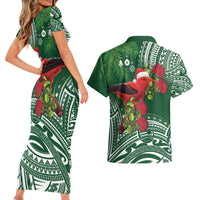 Christmas Hawaii with I'iwi Bird Couples Matching Short Sleeve Bodycon Dress and Hawaiian Shirt Aloha Mele Kalikimaka - Green Art LT9 - Polynesian Pride