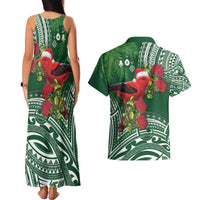 Christmas Hawaii with I'iwi Bird Couples Matching Tank Maxi Dress and Hawaiian Shirt Aloha Mele Kalikimaka - Green Art LT9 - Polynesian Pride