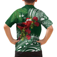 Christmas Hawaii with I'iwi Bird Family Matching Off The Shoulder Long Sleeve Dress and Hawaiian Shirt Aloha Mele Kalikimaka - Green Art LT9 - Polynesian Pride