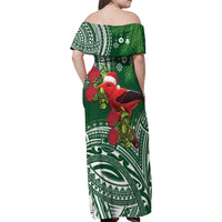 Christmas Hawaii with I'iwi Bird Family Matching Off Shoulder Maxi Dress and Hawaiian Shirt Aloha Mele Kalikimaka - Green Art LT9 - Polynesian Pride
