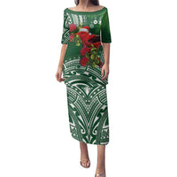 Christmas Hawaii with I'iwi Bird Family Matching Puletasi and Hawaiian Shirt Aloha Mele Kalikimaka - Green Art LT9 Mom's Dress Green - Polynesian Pride