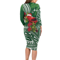 Christmas Hawaii with I'iwi Bird Long Sleeve Bodycon Dress Aloha Mele Kalikimaka - Green Art LT9 - Polynesian Pride