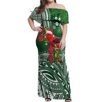 Christmas Hawaii with I'iwi Bird Off Shoulder Maxi Dress Aloha Mele Kalikimaka - Green Art LT9 Women Green - Polynesian Pride