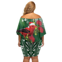 Christmas Hawaii with I'iwi Bird Off Shoulder Short Dress Aloha Mele Kalikimaka - Green Art LT9 - Polynesian Pride