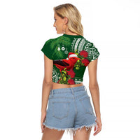 Christmas Hawaii with I'iwi Bird Raglan Cropped T Shirt Aloha Mele Kalikimaka - Green Art LT9 - Polynesian Pride