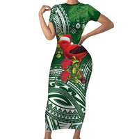 Christmas Hawaii with I'iwi Bird Short Sleeve Bodycon Dress Aloha Mele Kalikimaka - Green Art LT9 Long Dress Green - Polynesian Pride