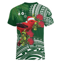 Christmas Hawaii with I'iwi Bird Women V-Neck T-Shirt Aloha Mele Kalikimaka - Green Art LT9 - Polynesian Pride