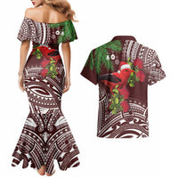 Christmas Hawaii with I'iwi Bird Couples Matching Mermaid Dress and Hawaiian Shirt Aloha Mele Kalikimaka - Oxblood Art LT9 - Polynesian Pride