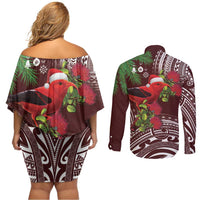 Christmas Hawaii with I'iwi Bird Couples Matching Off Shoulder Short Dress and Long Sleeve Button Shirt Aloha Mele Kalikimaka - Oxblood Art LT9 - Polynesian Pride