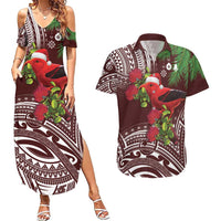 Christmas Hawaii with I'iwi Bird Couples Matching Summer Maxi Dress and Hawaiian Shirt Aloha Mele Kalikimaka - Oxblood Art LT9 Oxblood - Polynesian Pride