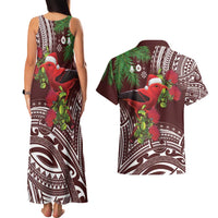 Christmas Hawaii with I'iwi Bird Couples Matching Tank Maxi Dress and Hawaiian Shirt Aloha Mele Kalikimaka - Oxblood Art LT9 - Polynesian Pride