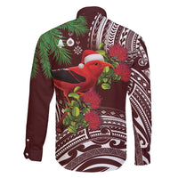Christmas Hawaii with I'iwi Bird Family Matching Long Sleeve Bodycon Dress and Hawaiian Shirt Aloha Mele Kalikimaka - Oxblood Art LT9 - Polynesian Pride