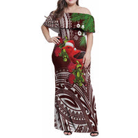 Christmas Hawaii with I'iwi Bird Family Matching Off Shoulder Maxi Dress and Hawaiian Shirt Aloha Mele Kalikimaka - Oxblood Art LT9 Mom's Dress Oxblood - Polynesian Pride
