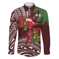 Christmas Hawaii with I'iwi Bird Family Matching Off Shoulder Short Dress and Hawaiian Shirt Aloha Mele Kalikimaka - Oxblood Art LT9 Dad's Shirt - Long Sleeve Oxblood - Polynesian Pride