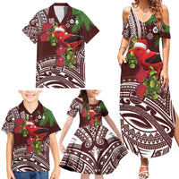 Christmas Hawaii with I'iwi Bird Family Matching Summer Maxi Dress and Hawaiian Shirt Aloha Mele Kalikimaka - Oxblood Art LT9 - Polynesian Pride