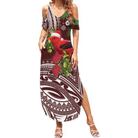Christmas Hawaii with I'iwi Bird Family Matching Summer Maxi Dress and Hawaiian Shirt Aloha Mele Kalikimaka - Oxblood Art LT9 Mom's Dress Oxblood - Polynesian Pride