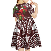 Christmas Hawaii with I'iwi Bird Kid Short Sleeve Dress Aloha Mele Kalikimaka - Oxblood Art LT9 - Polynesian Pride