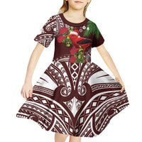 Christmas Hawaii with I'iwi Bird Kid Short Sleeve Dress Aloha Mele Kalikimaka - Oxblood Art LT9 - Polynesian Pride