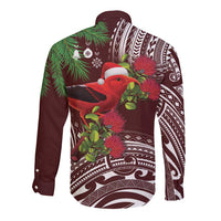 Christmas Hawaii with I'iwi Bird Long Sleeve Button Shirt Aloha Mele Kalikimaka - Oxblood Art LT9 - Polynesian Pride