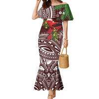 Christmas Hawaii with I'iwi Bird Mermaid Dress Aloha Mele Kalikimaka - Oxblood Art LT9 Women Oxblood - Polynesian Pride