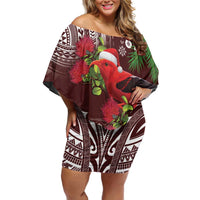 Christmas Hawaii with I'iwi Bird Off Shoulder Short Dress Aloha Mele Kalikimaka - Oxblood Art LT9 Women Oxblood - Polynesian Pride