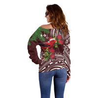 Christmas Hawaii with I'iwi Bird Off Shoulder Sweater Aloha Mele Kalikimaka - Oxblood Art LT9 - Polynesian Pride