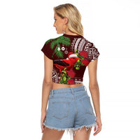 Christmas Hawaii with I'iwi Bird Raglan Cropped T Shirt Aloha Mele Kalikimaka - Oxblood Art LT9 - Polynesian Pride