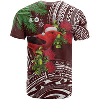 Christmas Hawaii with I'iwi Bird T Shirt Aloha Mele Kalikimaka - Oxblood Art LT9 - Polynesian Pride