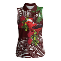 Christmas Hawaii with I'iwi Bird Women Sleeveless Polo Shirt Aloha Mele Kalikimaka - Oxblood Art LT9 Female Oxblood - Polynesian Pride