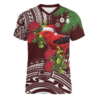 Christmas Hawaii with I'iwi Bird Women V-Neck T-Shirt Aloha Mele Kalikimaka - Oxblood Art LT9 Female Oxblood - Polynesian Pride
