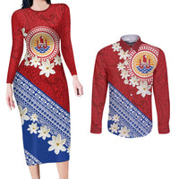 French Polynesia Couples Matching Long Sleeve Bodycon Dress and Long Sleeve Button Shirt Tahitian Tiare Flowers Tribal LT9 Red - Polynesian Pride