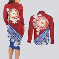 French Polynesia Couples Matching Long Sleeve Bodycon Dress and Long Sleeve Button Shirt Tahitian Tiare Flowers Tribal LT9 - Polynesian Pride