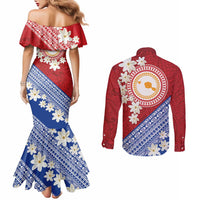 French Polynesia Couples Matching Mermaid Dress and Long Sleeve Button Shirt Tahitian Tiare Flowers Tribal LT9 - Polynesian Pride